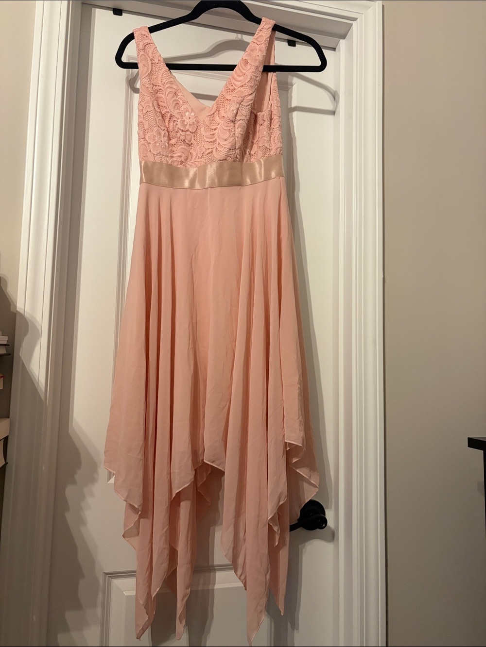 Ever Pretty Blush Pink Lace Chiffon Handkerchief Hem Dress